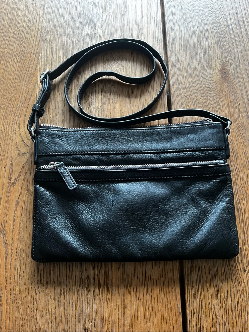 Margot New York Black Leather Crossbody Bag with Front Zip Pockets